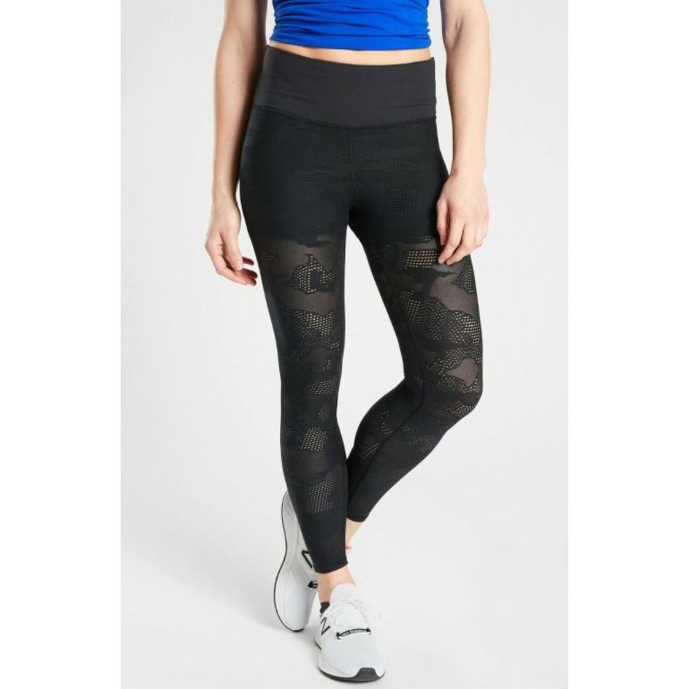 Athleta Phenom Camo 7/8 Tights Black Mesh Cut-Outs Lace Cutouts Edgy Skinny Pant